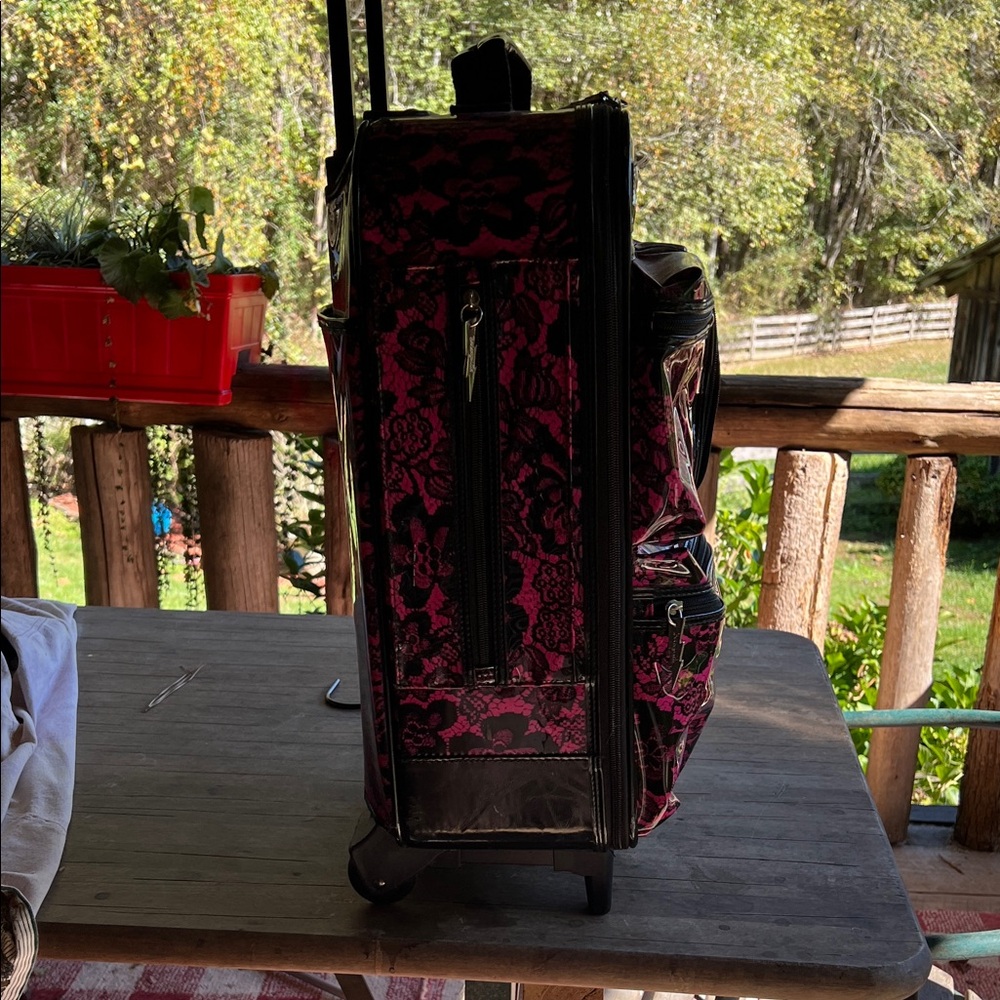 Betsey Johnson Betseyville Pink and Black patent leather Floral 20” suitcase. - Picture 7 of 11